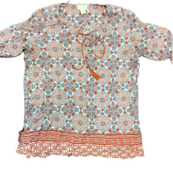 Lucy & Laurel Anthropologie Womens Boho Top Size Medium Orange/Blue Print Tassel - Picture 4 of 7